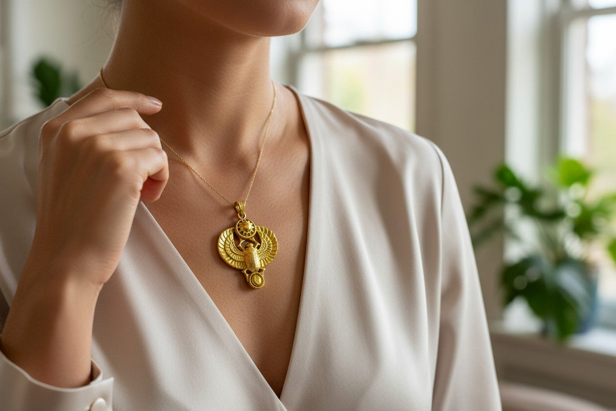 Gold Winged Sun Disk Scarab Beetle Pendant, Egyptian Revival Necklace