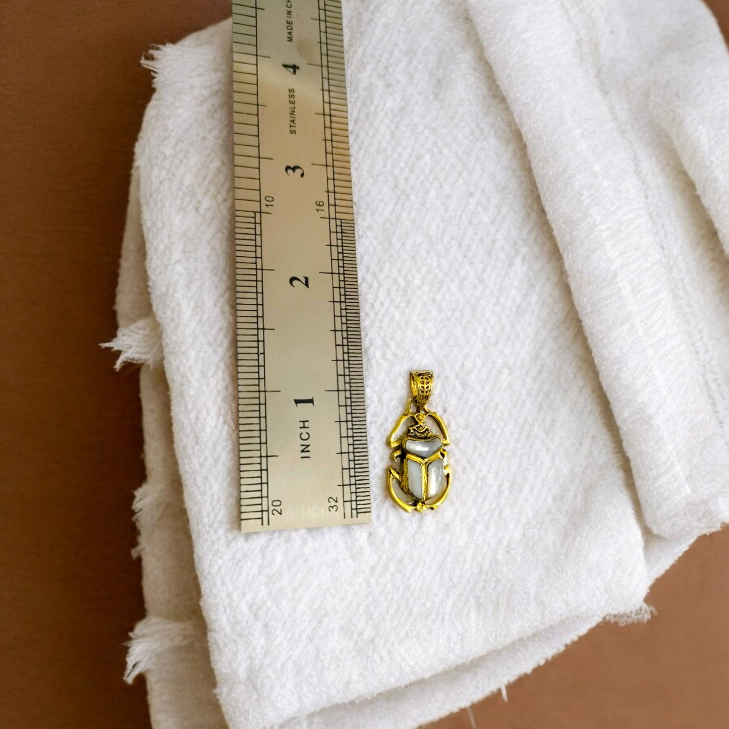 Gold Scarab Pendant Necklace, Mother of Pearl Egyptian Revival Jewelry