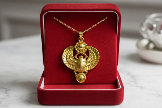 Gold Winged Sun Disk Scarab Beetle Pendant, Egyptian Revival Necklace