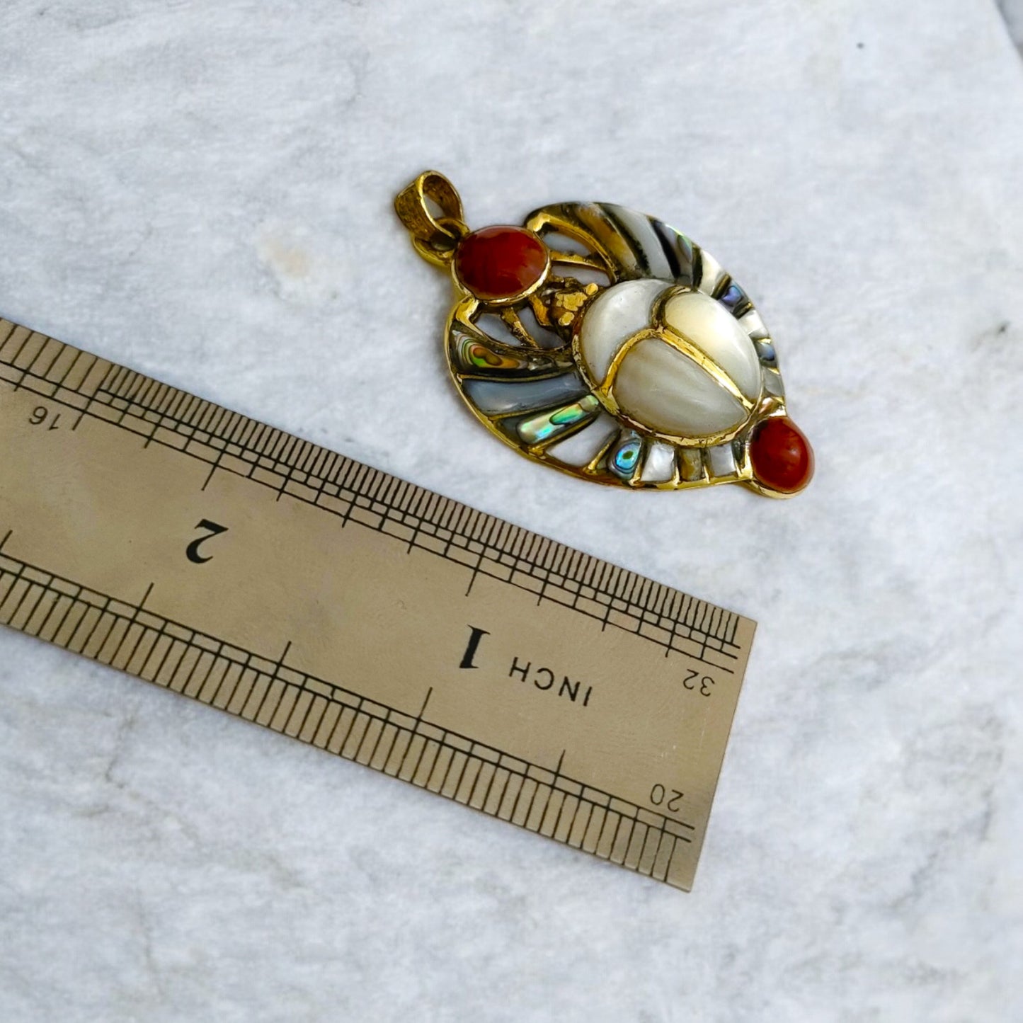 Gold Royal Scarab Pendant Necklace, Mother of Pearl Egyptian Revival Jewelry