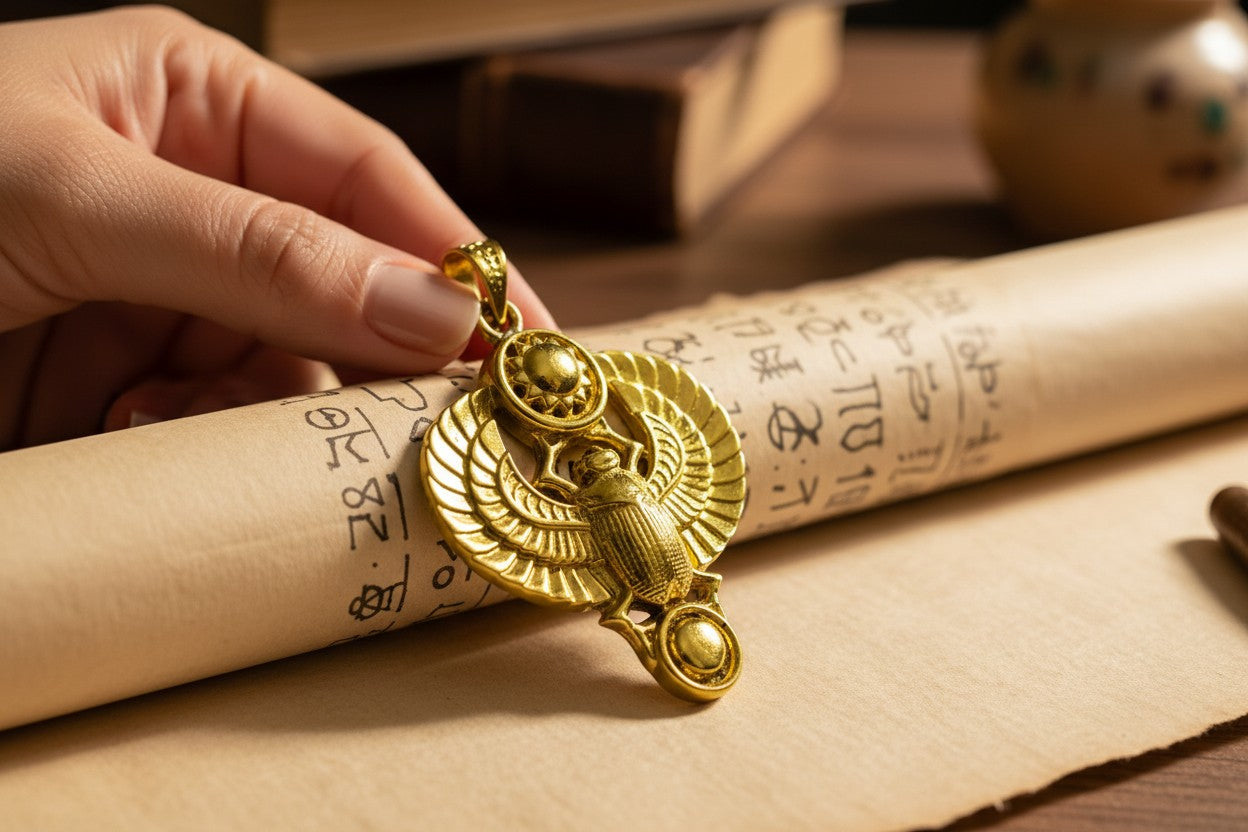 Gold Winged Sun Disk Scarab Beetle Pendant, Egyptian Revival Necklace