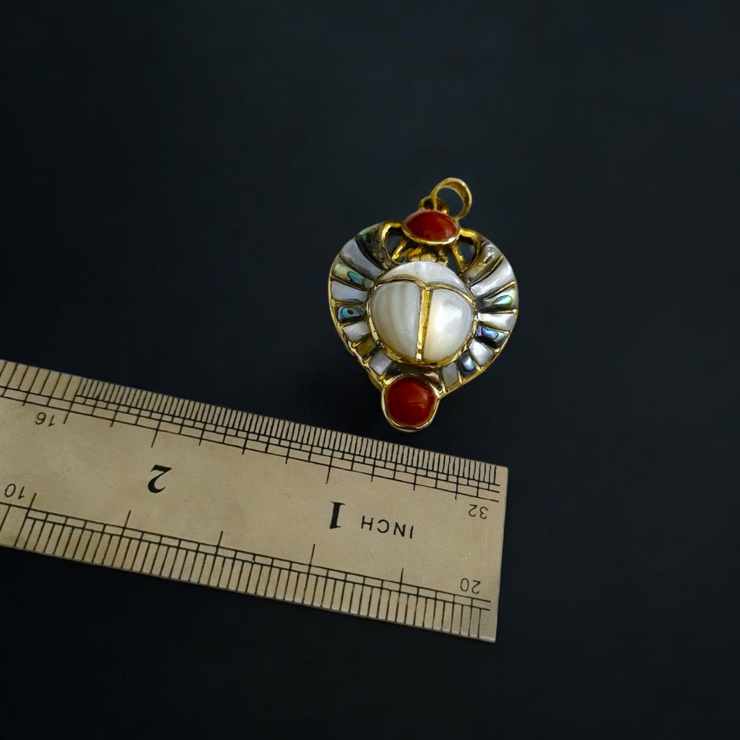 Gold Royal Scarab Pendant Necklace, Mother of Pearl Egyptian Revival Jewelry