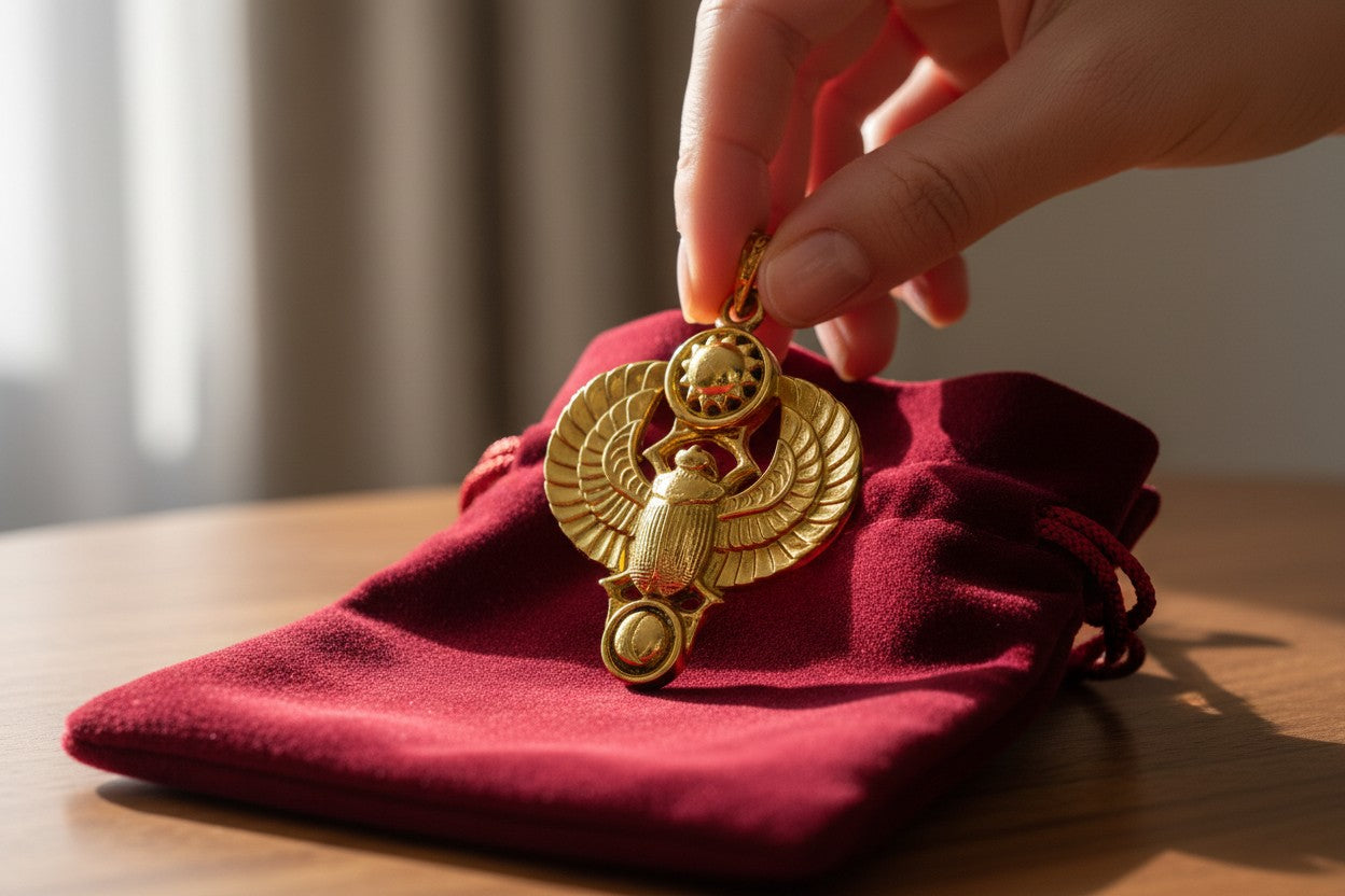 Gold Winged Sun Disk Scarab Beetle Pendant, Egyptian Revival Necklace