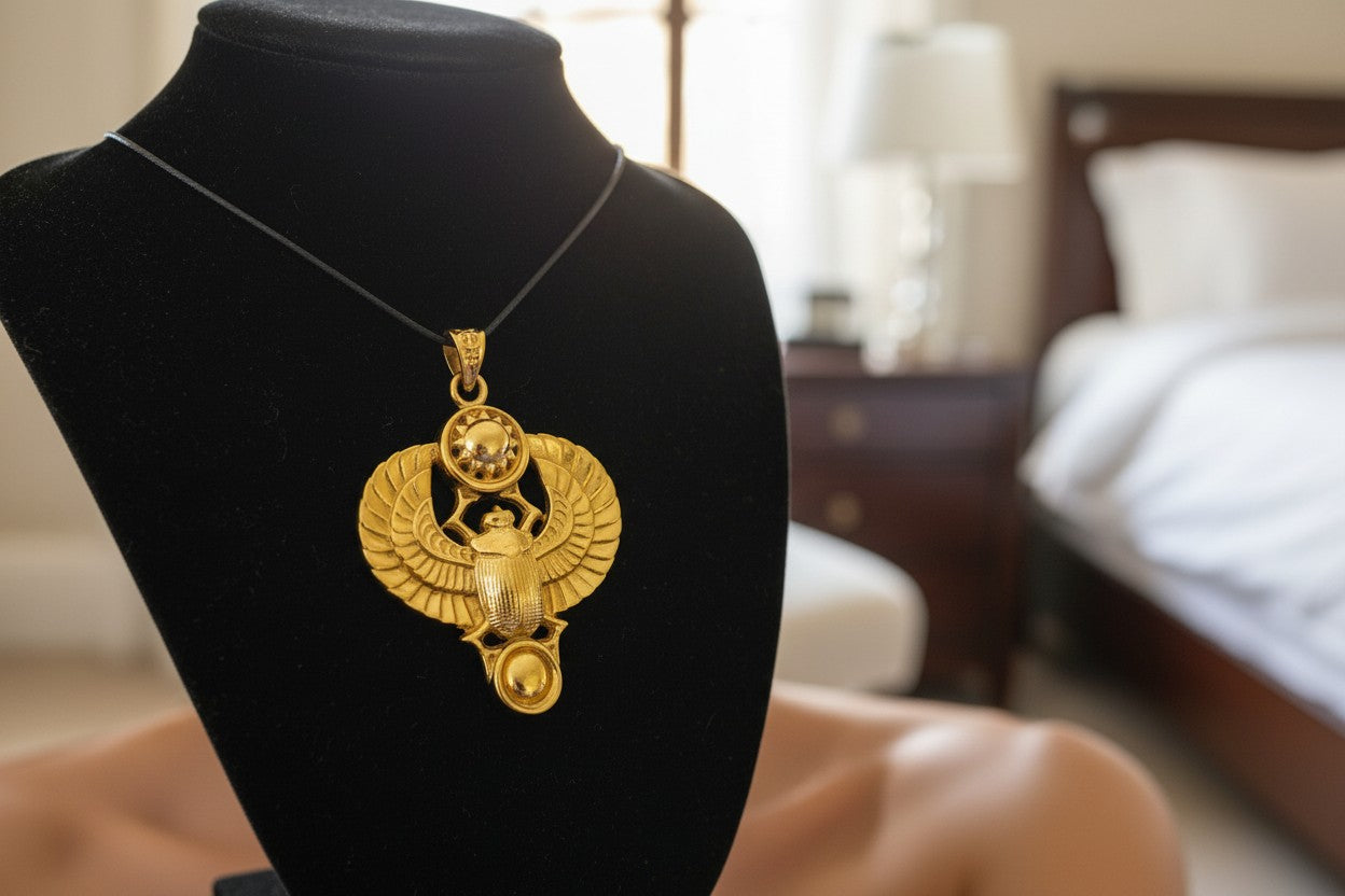 Gold Winged Sun Disk Scarab Beetle Pendant, Egyptian Revival Necklace
