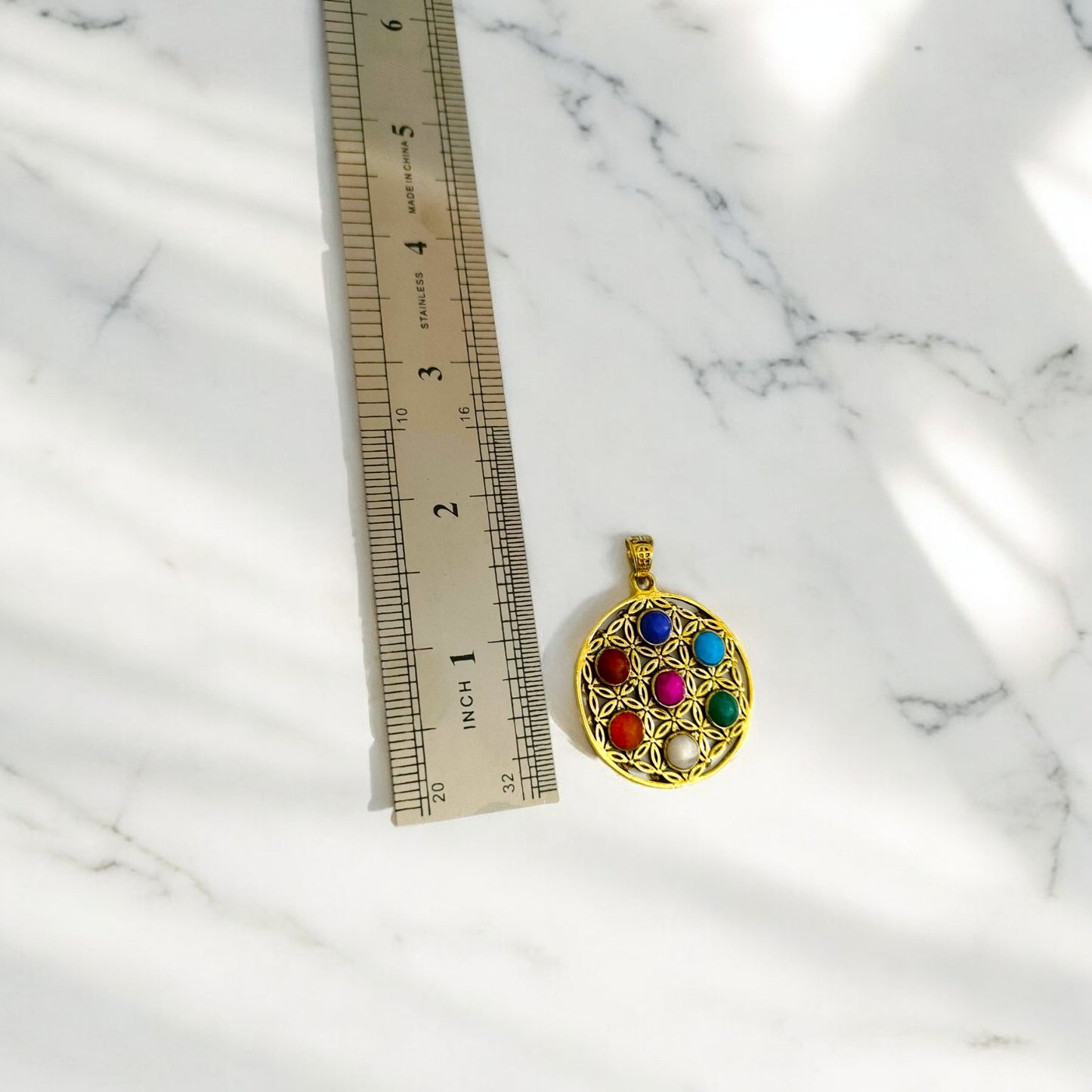 Gold Seven Chakra Pendant Necklace, Handmade Egyptian Revival Jewelry