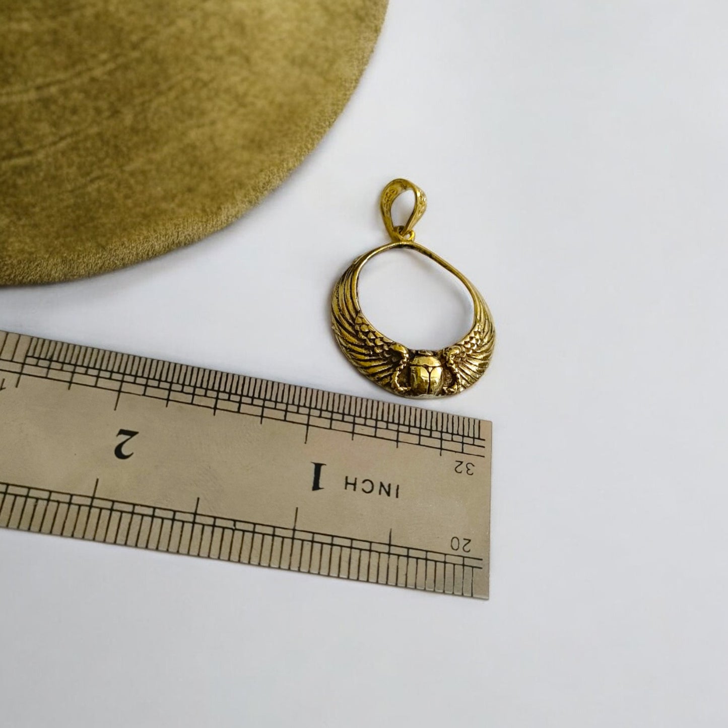 Gold Winged Sun Disk Scarab Pendant, Egyptian Revival Talisman Necklace