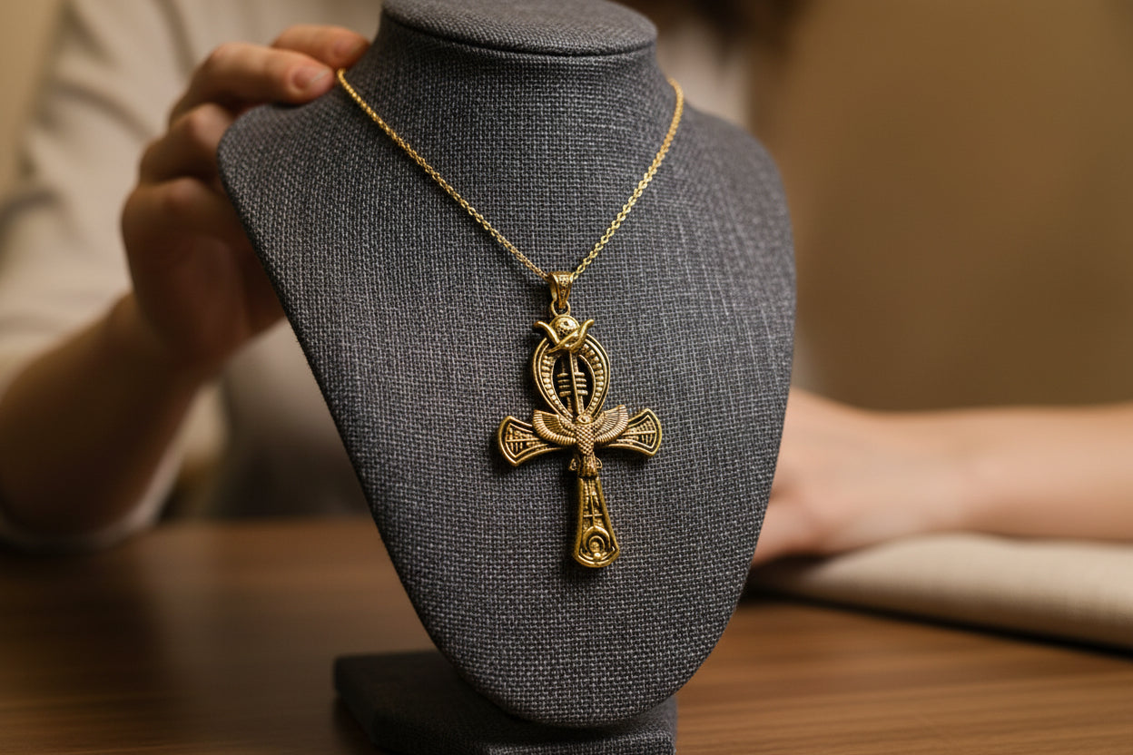 Gold Ankh Pendant, Egyptian Talisman Necklace