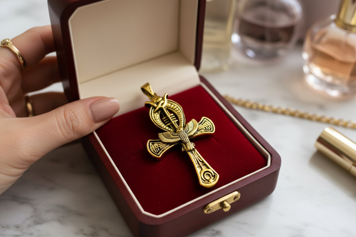 Gold Ankh Pendant, Egyptian Talisman Necklace