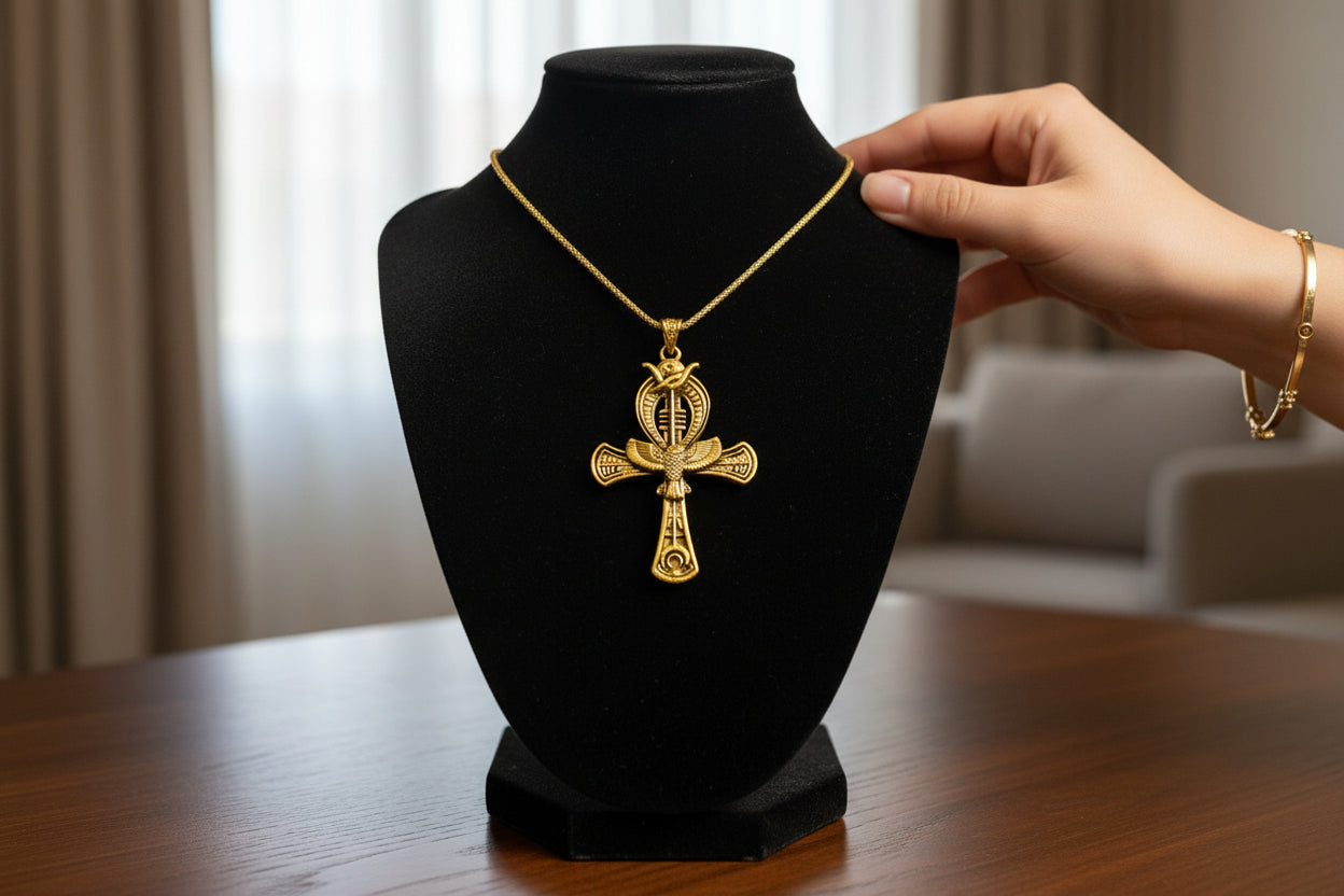 Gold Ankh Pendant, Egyptian Talisman Necklace