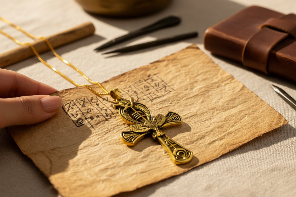 Gold Ankh Pendant, Egyptian Talisman Necklace