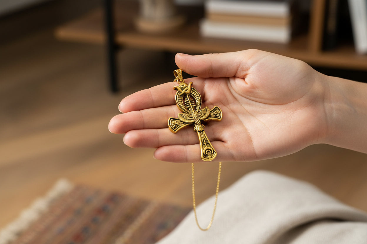 Gold Ankh Pendant, Egyptian Talisman Necklace