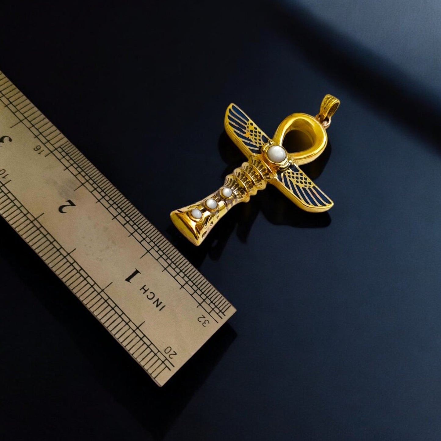Gold Winged Ankh Necklace, Large Egyptian Key of Life with Mother of Pearl