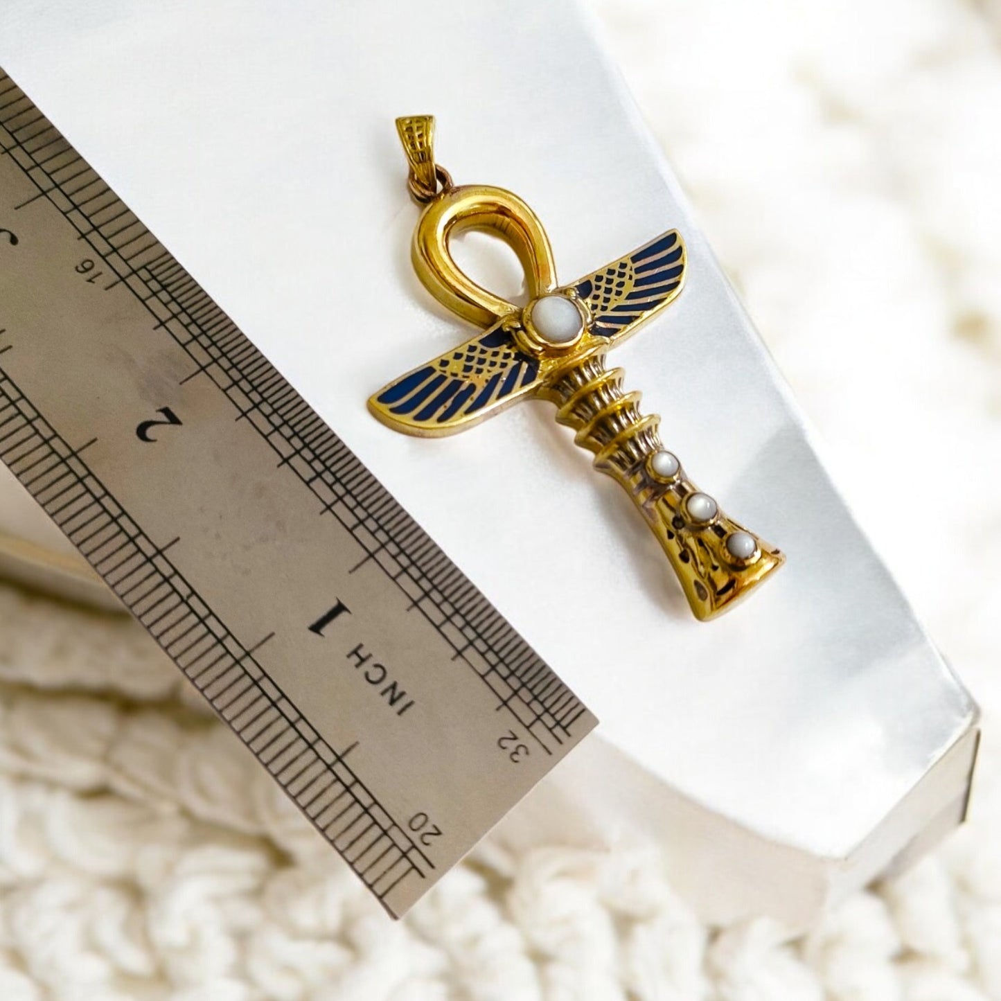 Gold Winged Ankh Necklace, Large Egyptian Key of Life with Mother of Pearl