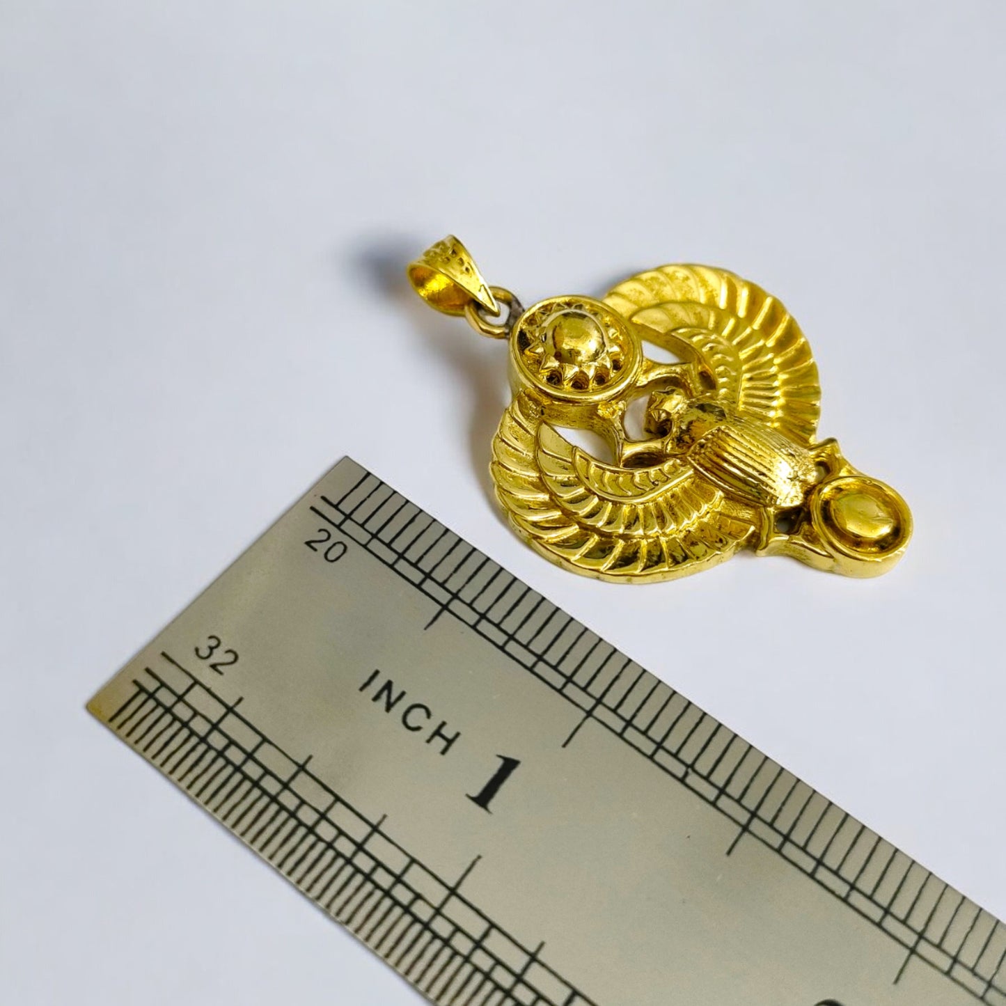 Gold Winged Sun Disk Scarab Beetle Pendant, Egyptian Revival Necklace