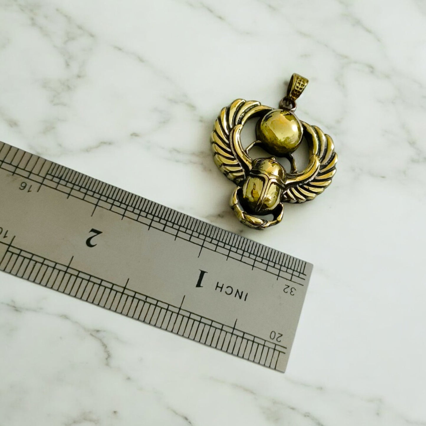 Gold Winged Sun Disk Scarab Beetle Necklace, Egyptian Revival Talisman