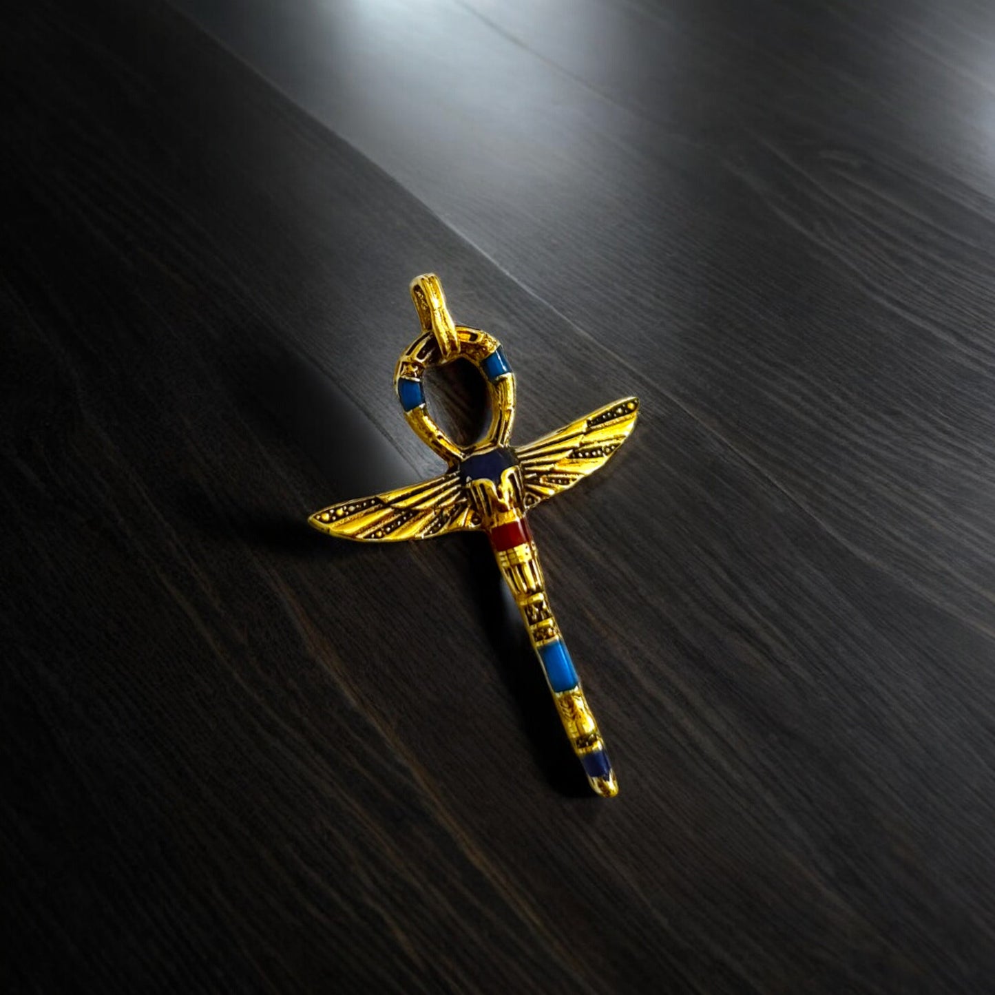 Gold Winged Ankh Pendant Necklace, Egyptian Key of Life Talisman
