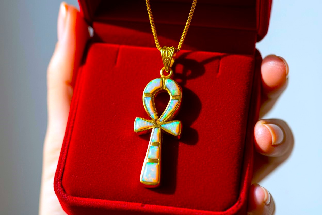 Gold Opal Key Of Life Ankh Pendant, Egyptian Revival Divine Minimalist Necklace