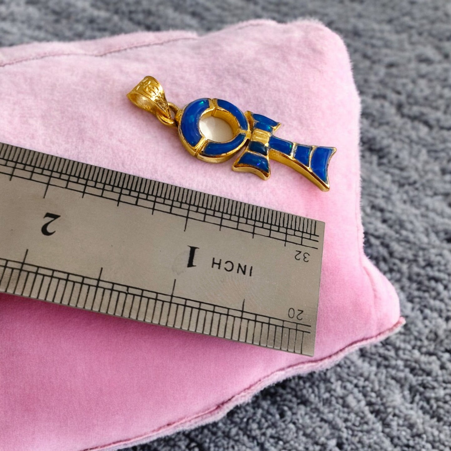 Gold Ankh Necklace, Dark Blue Sparkle Opal Pendant, Egyptian Key of Life