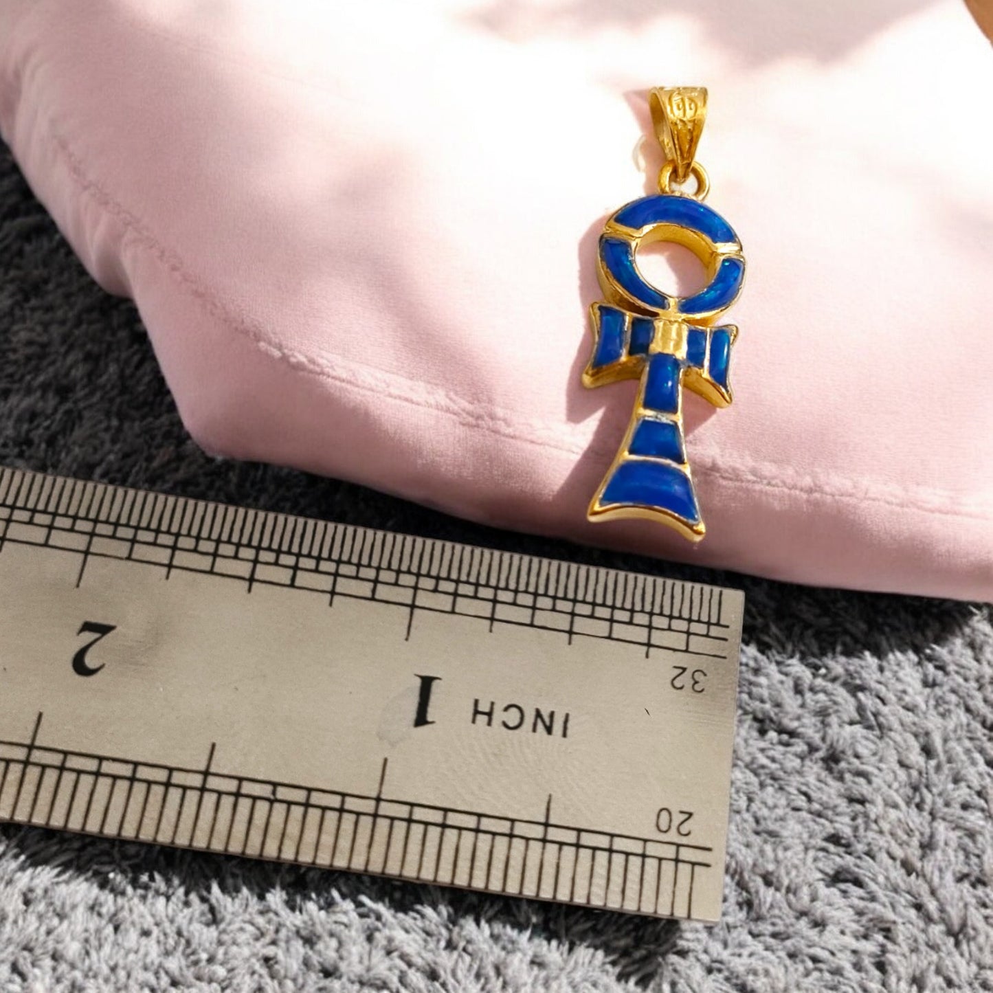 Gold Ankh Necklace, Dark Blue Sparkle Opal Pendant, Egyptian Key of Life