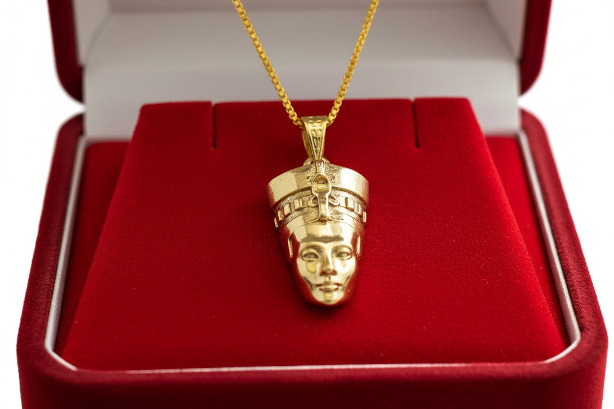 Gold Nefertiti Necklace, Ancient Egyptian Queen Pendant, Art Deco Revival Royal Jewelry