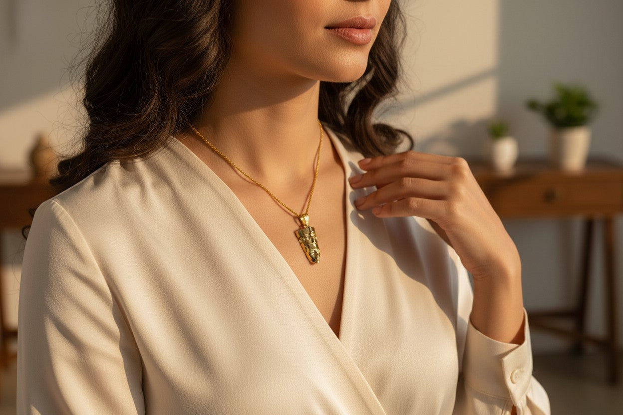 Gold Nefertiti Necklace, Ancient Egyptian Queen Pendant, Art Deco Revival Royal Jewelry