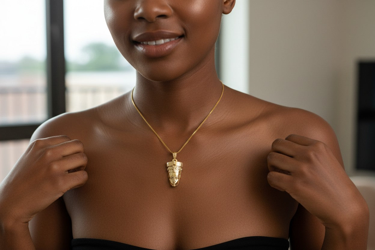 Gold Nefertiti Necklace, Ancient Egyptian Queen Pendant, Art Deco Revival Royal Jewelry