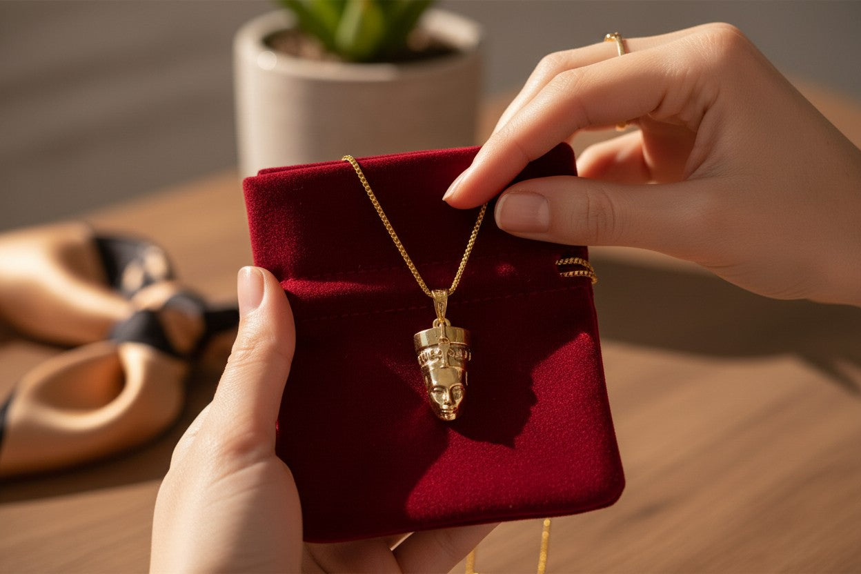 Gold Nefertiti Necklace, Ancient Egyptian Queen Pendant, Art Deco Revival Royal Jewelry