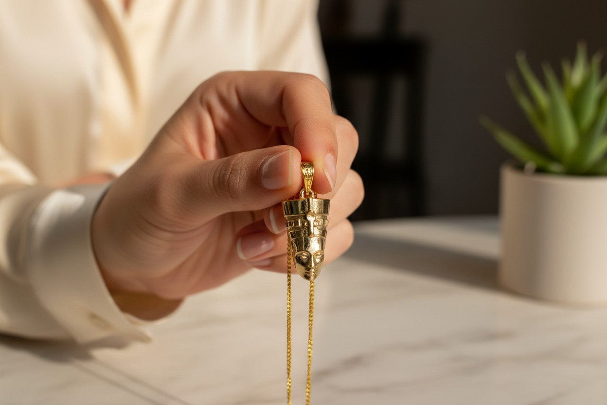 Gold Nefertiti Necklace, Ancient Egyptian Queen Pendant, Art Deco Revival Royal Jewelry