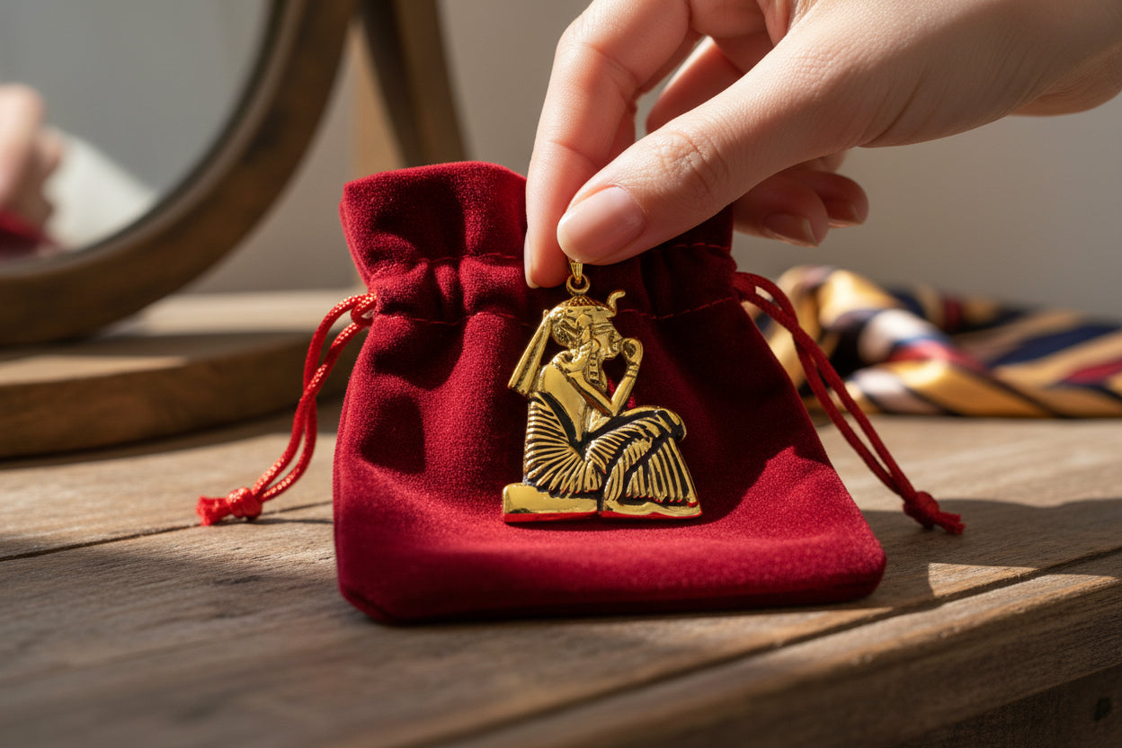 Gold King Tut Ankh Amulet Pendant, Egyptian Revival Jewelry