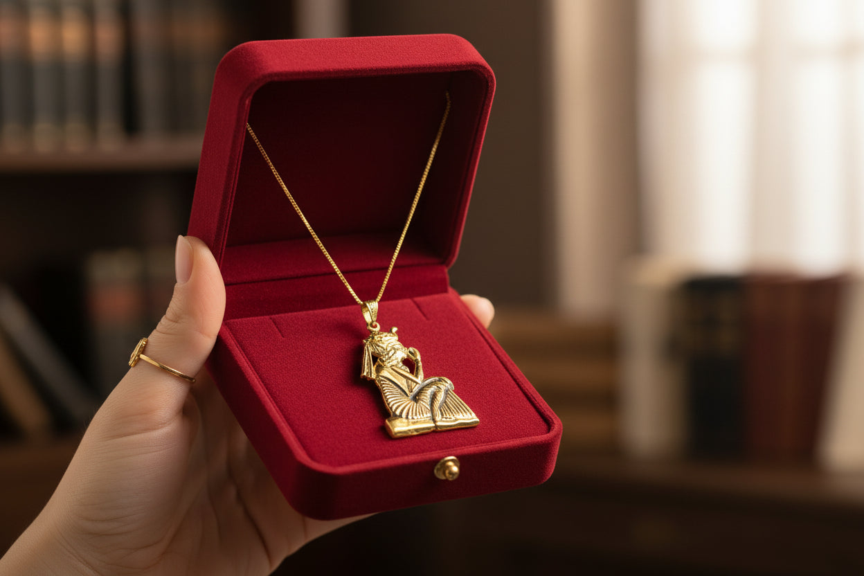 Gold King Tut Ankh Amulet Pendant, Egyptian Revival Jewelry