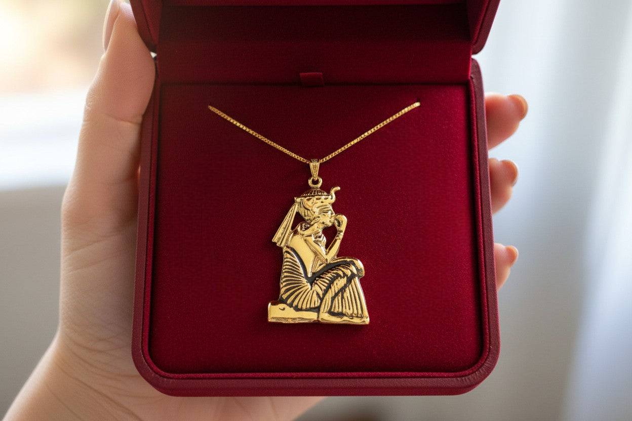 Gold King Tut Ankh Amulet Pendant, Egyptian Revival Jewelry