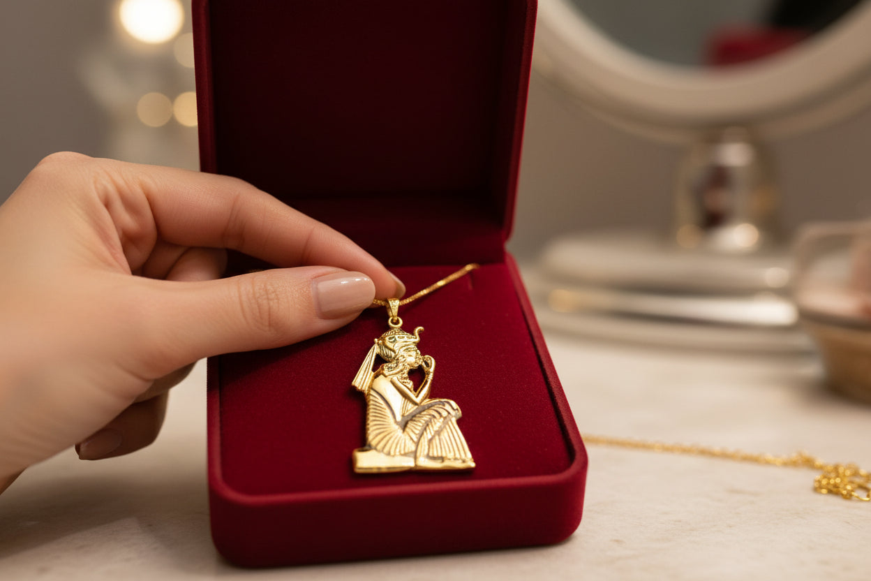 Gold King Tut Ankh Amulet Pendant, Egyptian Revival Jewelry