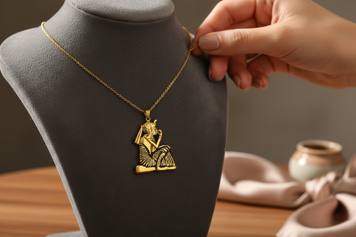 Gold King Tut Ankh Amulet Pendant, Egyptian Revival Jewelry