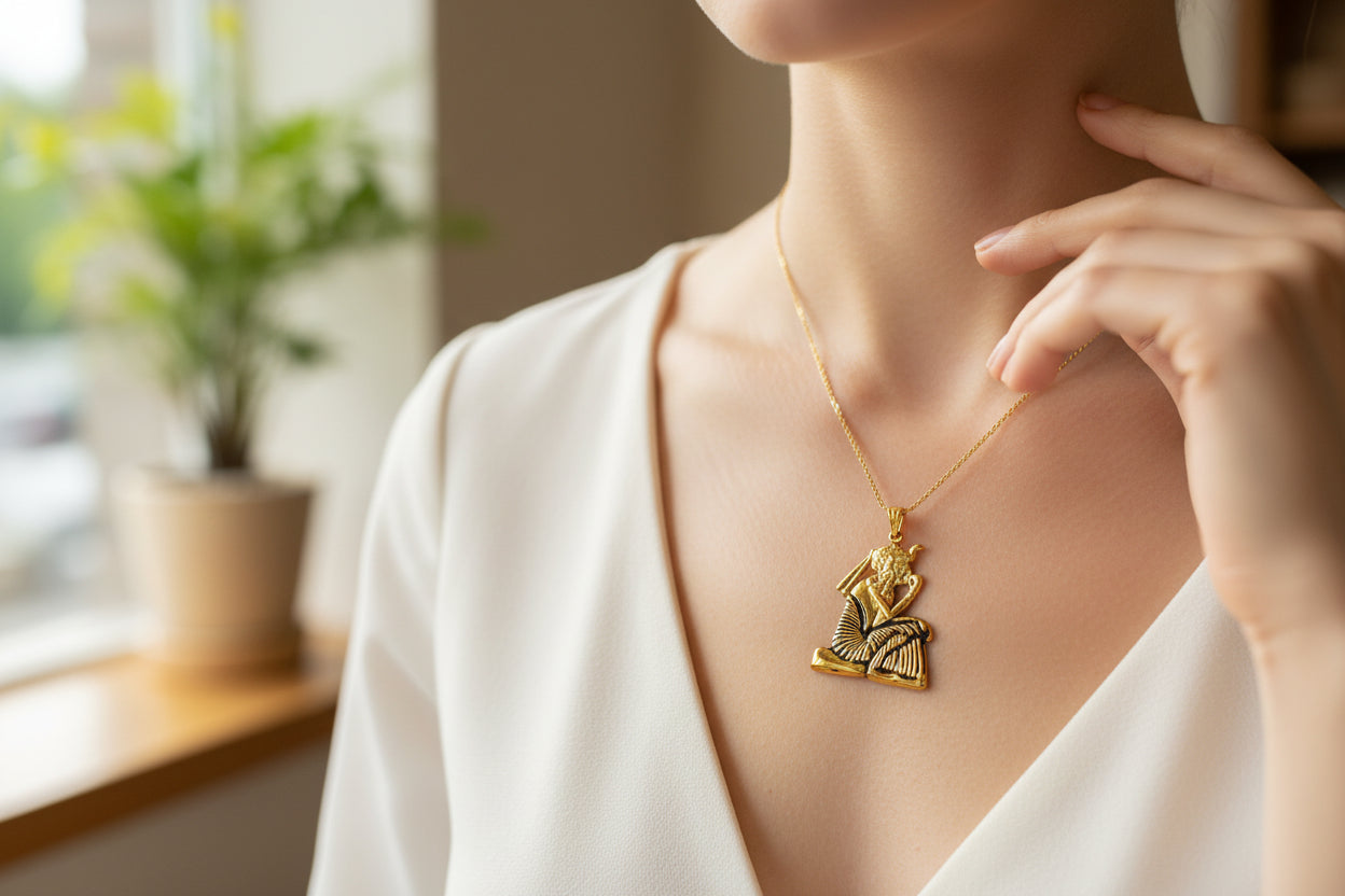 Gold King Tut Ankh Amulet Pendant, Egyptian Revival Jewelry