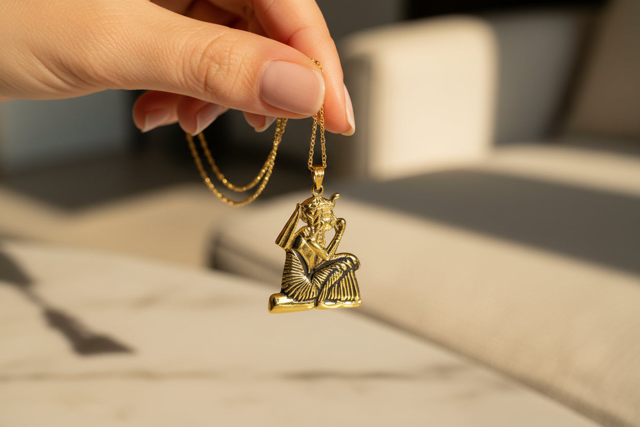 Gold King Tut Ankh Amulet Pendant, Egyptian Revival Jewelry