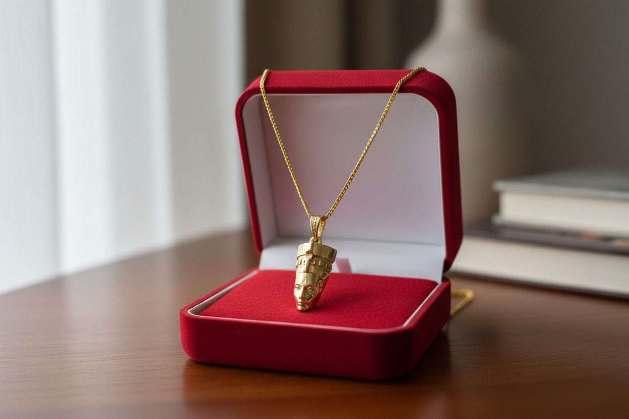 Gold Nefertiti Necklace, Ancient Egyptian Queen Pendant, Art Deco Revival Royal Jewelry