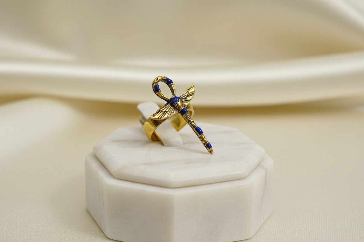 Gold Winged Ankh Ring, Lapis Lazuli Egyptian Jewelry, Key of Life Statement Ring