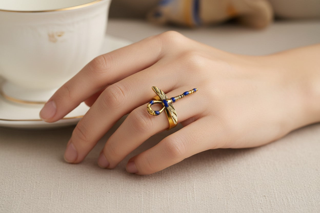 Gold Winged Ankh Ring, Lapis Lazuli Egyptian Jewelry, Key of Life Statement Ring