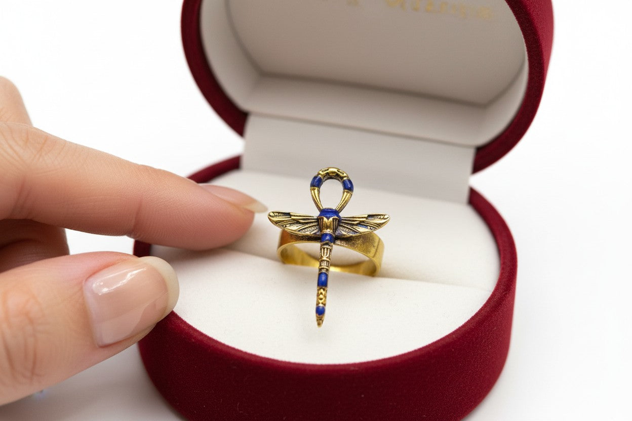 Gold Winged Ankh Ring, Lapis Lazuli Egyptian Jewelry, Key of Life Statement Ring