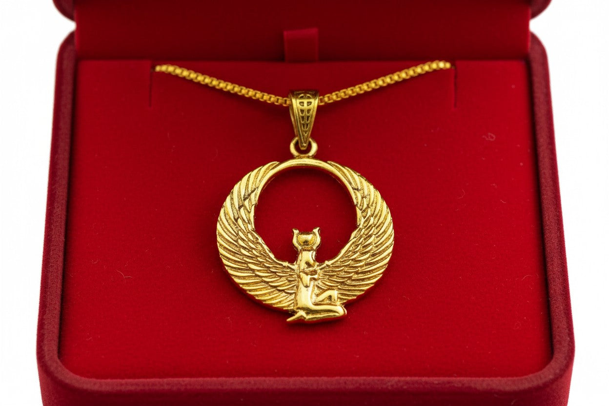 Gold Winged Goddess Hathor Pendant, Large Egyptian Goddess Necklace