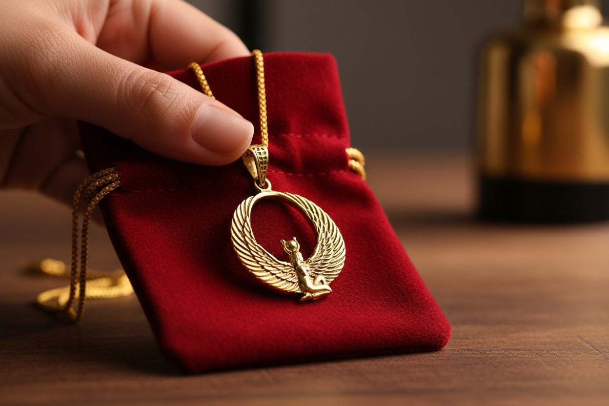 Gold Winged Goddess Hathor Pendant, Large Egyptian Goddess Necklace