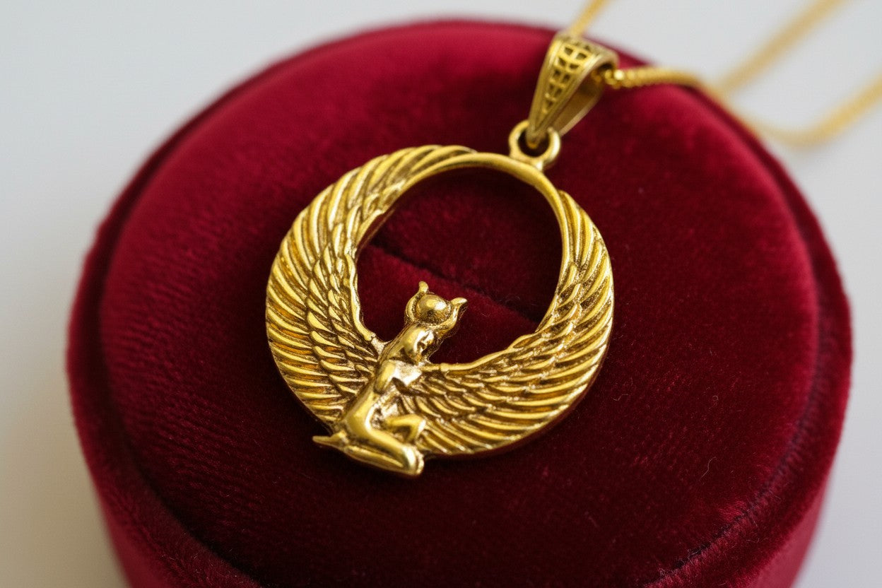 Gold Winged Goddess Hathor Pendant, Large Egyptian Goddess Necklace