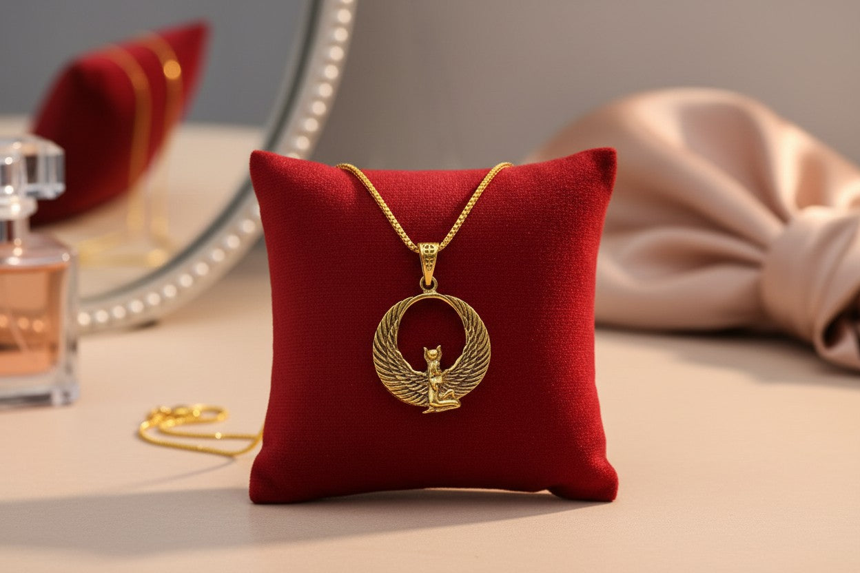 Gold Winged Goddess Hathor Pendant, Large Egyptian Goddess Necklace