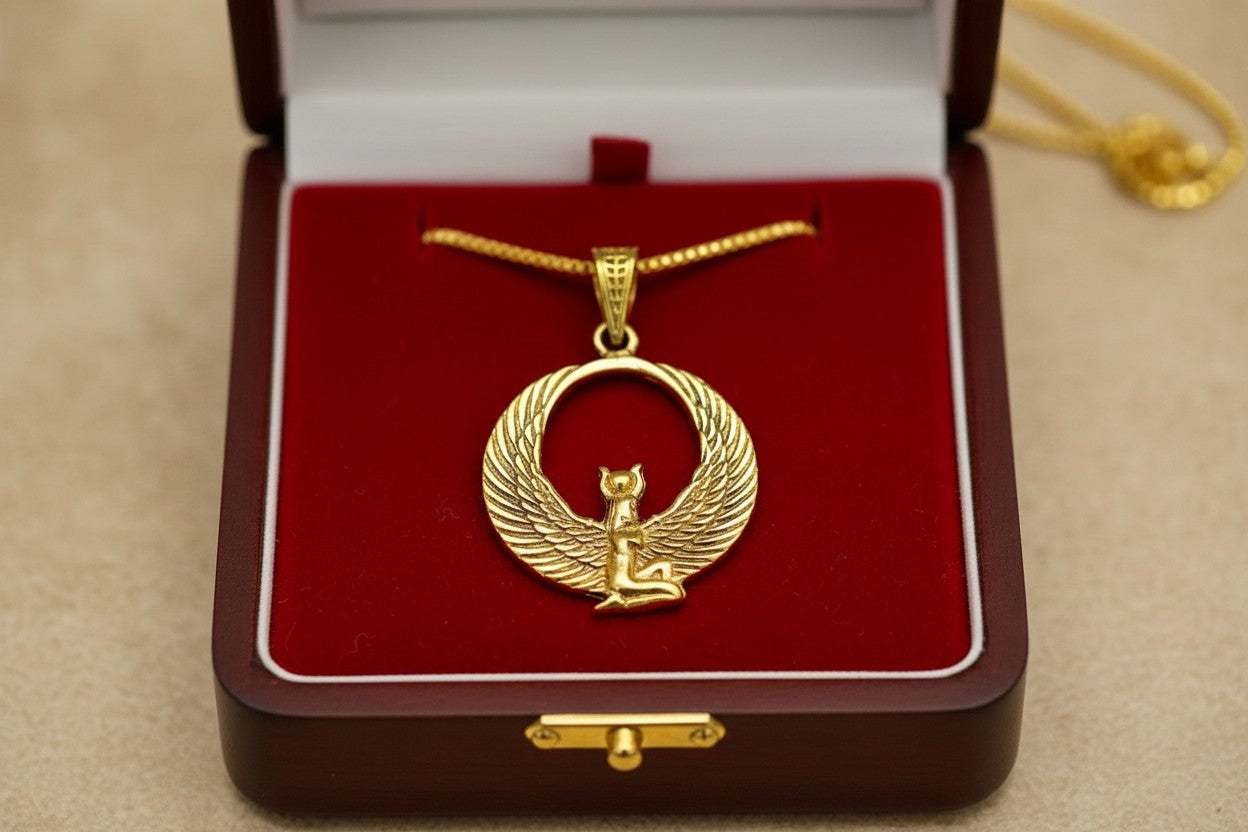 Gold Winged Goddess Hathor Pendant, Large Egyptian Goddess Necklace