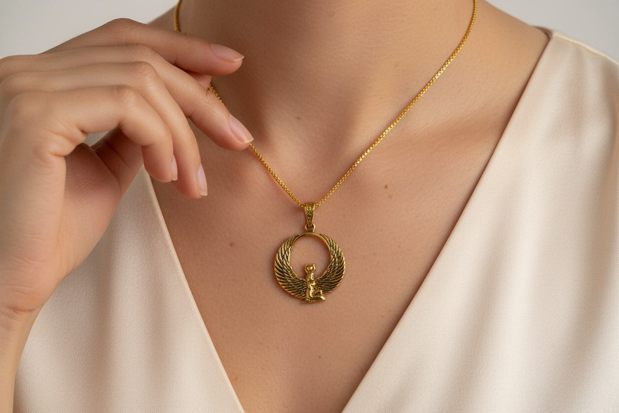 Gold Winged Goddess Hathor Pendant, Large Egyptian Goddess Necklace