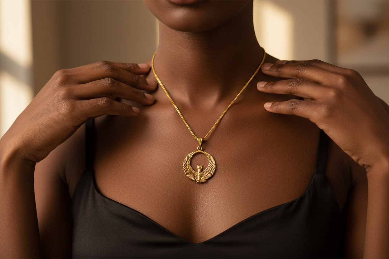 Gold Winged Goddess Hathor Pendant, Large Egyptian Goddess Necklace