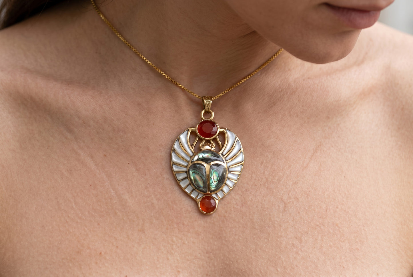 Gold Egyptian Scarab Mother of Pearl Necklace, Handmade Scarab Pendant, Egyptian Revival Jewelry, Protection Talisman, Divine Gift, Sacred Amulet