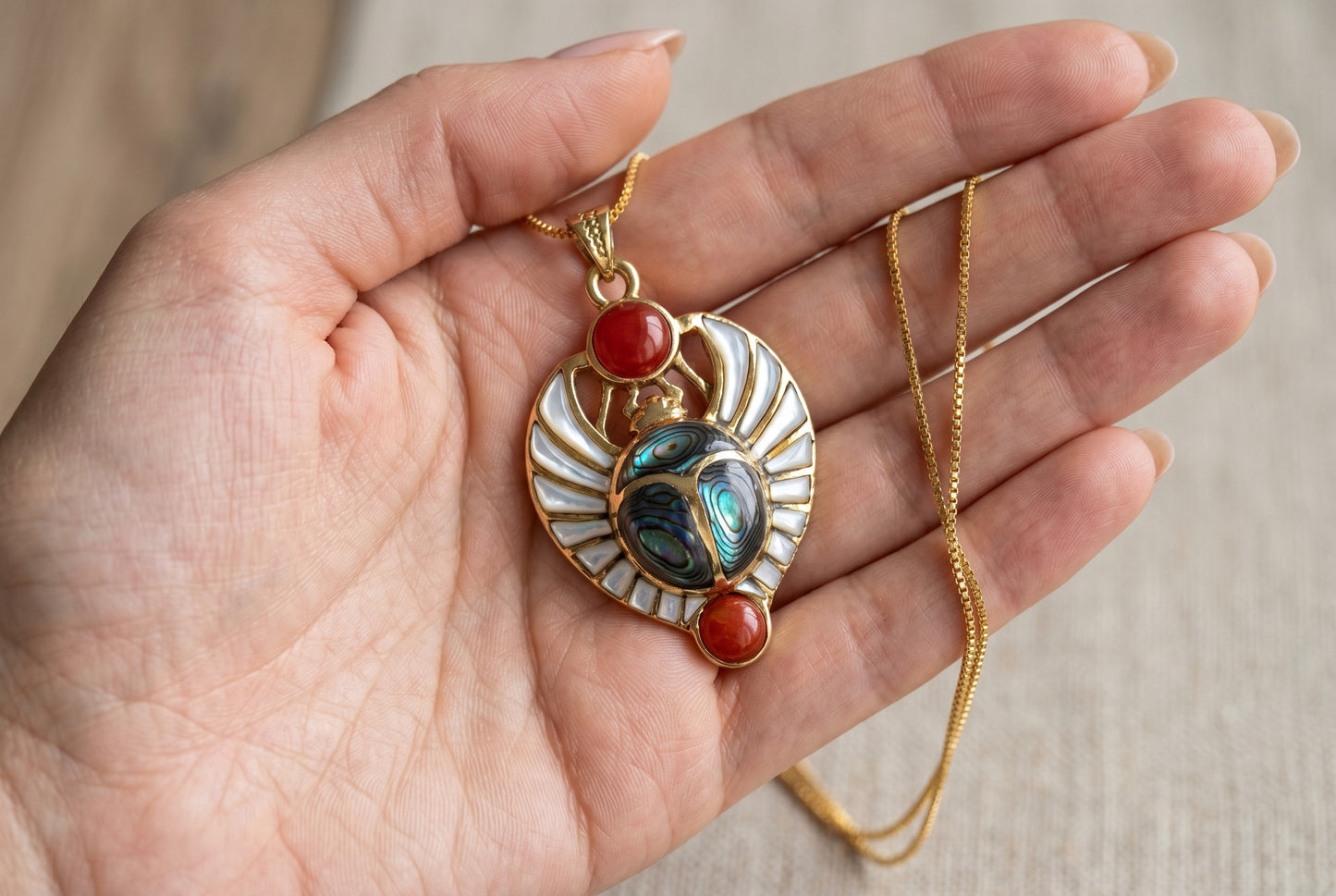 Gold Egyptian Scarab Mother of Pearl Necklace, Handmade Scarab Pendant, Egyptian Revival Jewelry, Protection Talisman, Divine Gift, Sacred Amulet