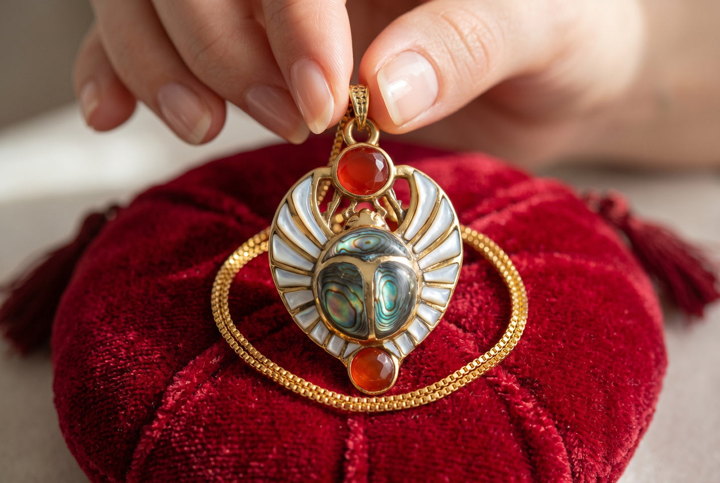 Gold Egyptian Scarab Mother of Pearl Necklace, Handmade Scarab Pendant, Egyptian Revival Jewelry, Protection Talisman, Divine Gift, Sacred Amulet
