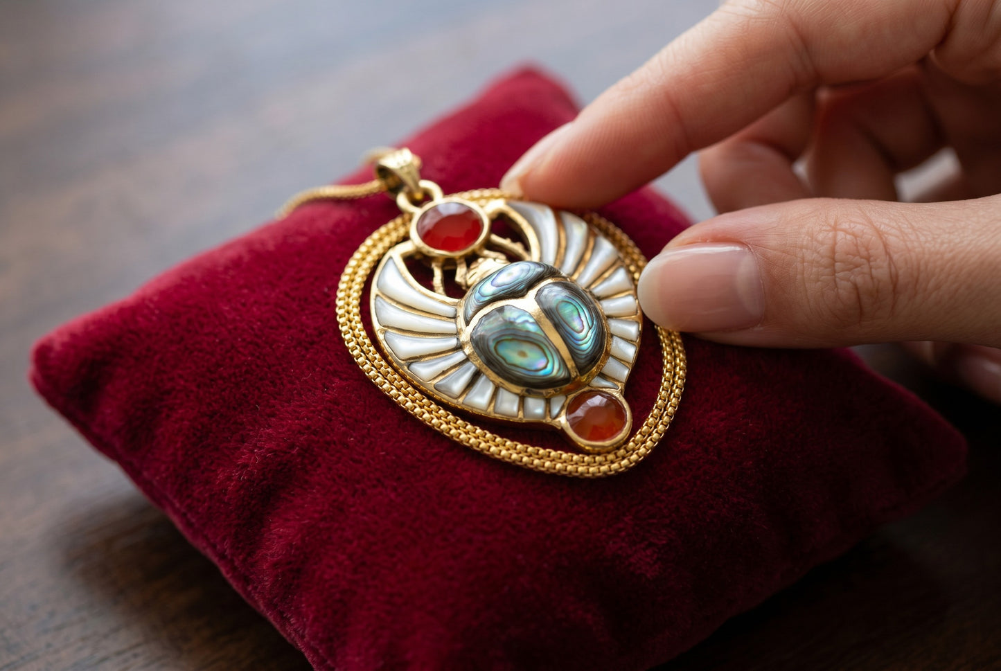 Gold Egyptian Scarab Mother of Pearl Necklace, Handmade Scarab Pendant, Egyptian Revival Jewelry, Protection Talisman, Divine Gift, Sacred Amulet